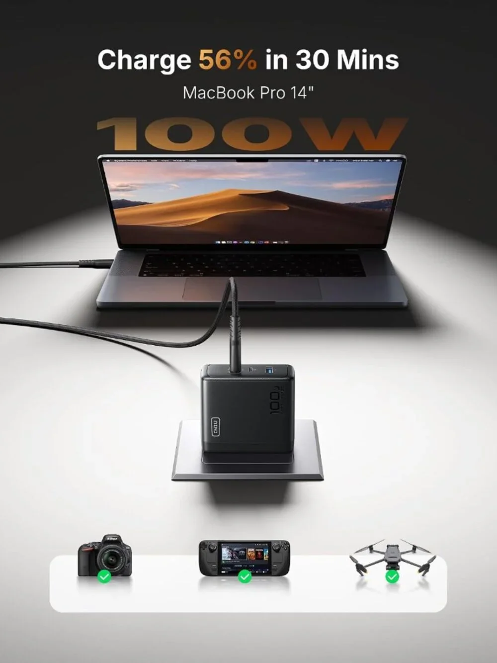 100W GaN Fast Charging Block, 3-Port USB-C Charger & 5ft Cable, Travel Ready!